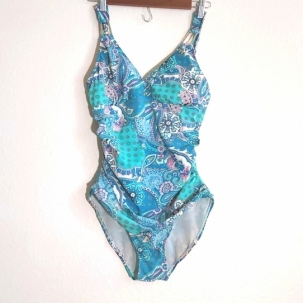SPANX Love Your Assets Swimsuit One Piece Abstract Blue Paisley Print Size Small